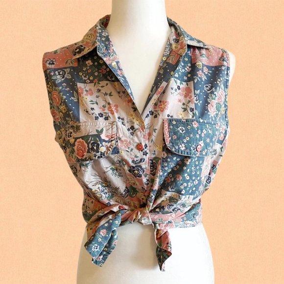 Vintage patchwork sleeveless button down shirt